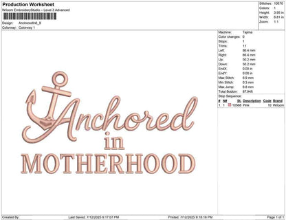 Nautical Anchor Embroidery Design: Anchored in Motherhood (PES DST EXP) (Digital Download)