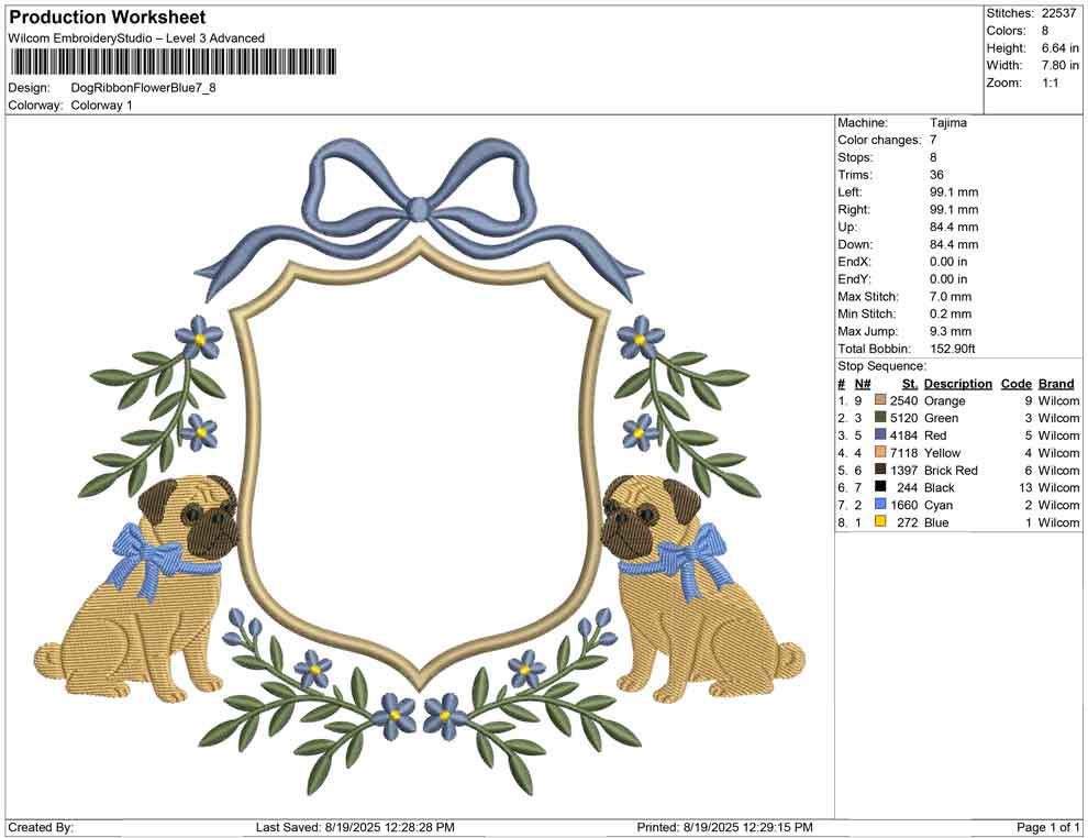 Pug Dog Crest Embroidery Design: Floral Frame (Digital Download)