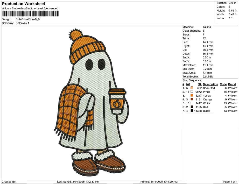 Cozy Ghost Coffee Embroidery Design: Halloween Latte Art (DST PES EXP)