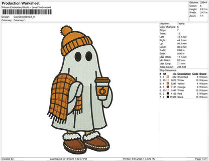 Cozy Ghost Coffee Embroidery Design: Halloween Latte Art (DST PES EXP)