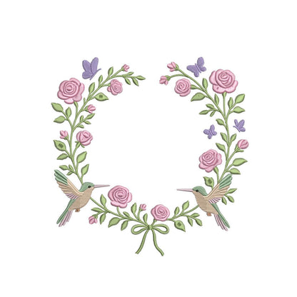 Hummingbird Floral Wreath Embroidery Design: Rose & Butterfly Frame (Digital Download)