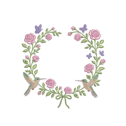 Hummingbird Floral Wreath Embroidery Design: Rose & Butterfly Frame (Digital Download)