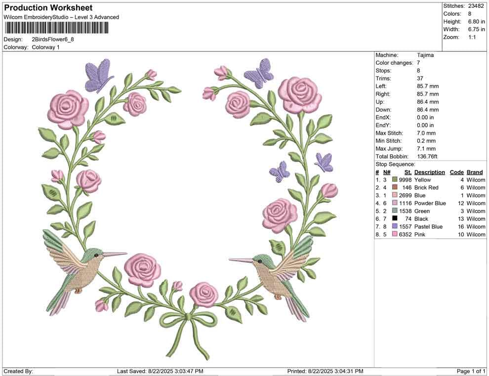 Hummingbird Floral Wreath Embroidery Design: Rose & Butterfly Frame (Digital Download)
