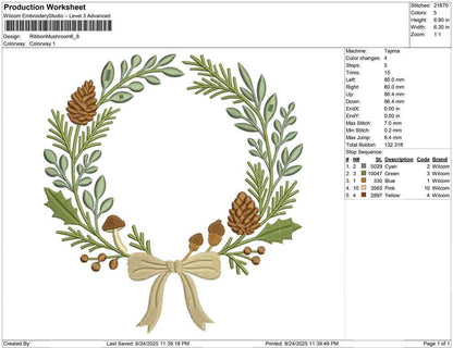 Winter Pine Wreath Embroidery Frame Designs: Ribbon & Pinecones Machine Embroidery File (Digital Download)
