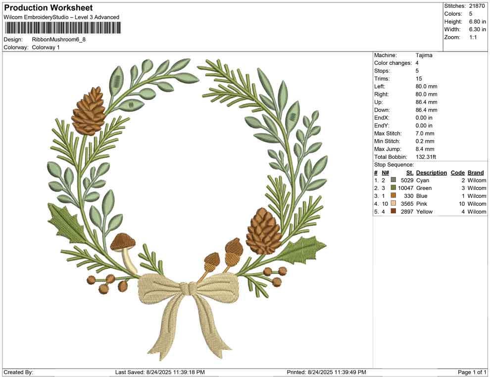 Winter Pine Wreath Embroidery Design: Ribbon & Pinecones (Digital Download)