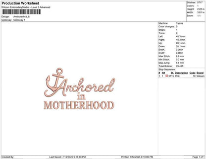 Nautical Anchor Embroidery Design: Anchored in Motherhood (PES DST EXP) (Digital Download)