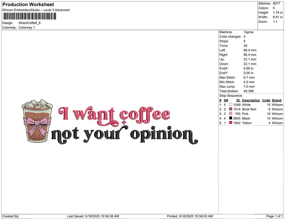 Sassy Coffee Lover Embroidery Design: "I Want Coffee" (Digital Download)