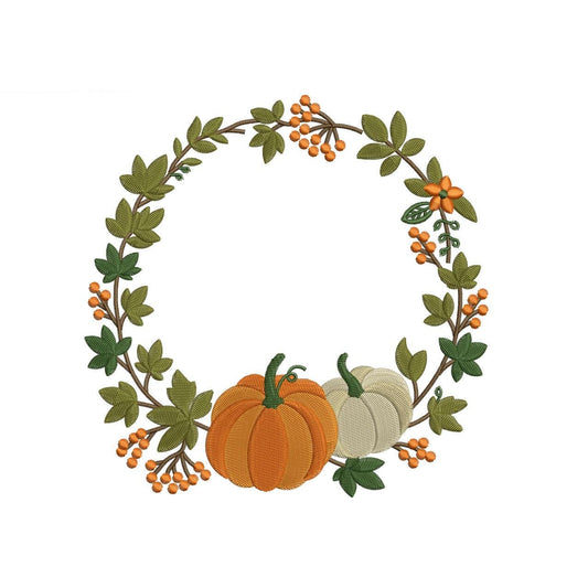 Fall Embroidery Frame: Pumpkin Floral Wreath Embroidery Design Fall Harvest Cornucopia Style Banner Crest (Digital Download)