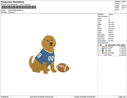 Goldendoodle Football Embroidery Design: Sports Mascot (DST PES EXP File) (Digital Download)