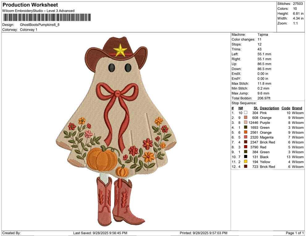 Cowgirl Ghost Embroidery Design: Halloween Pumpkin (Digital Download)