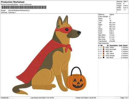Superhero German Shepherd Halloween Embroidery Design (Digital Download)