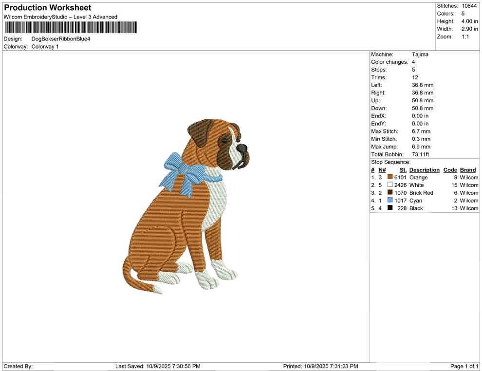 Boxer Dog with Blue Bow Embroidery Design (Digital Download)