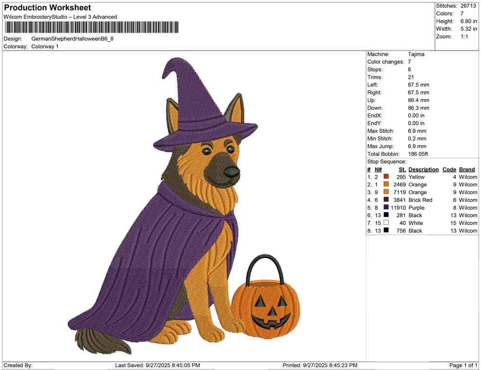 German Shepherd Witch Dog Embroidery Design: Halloween (Digital Download)