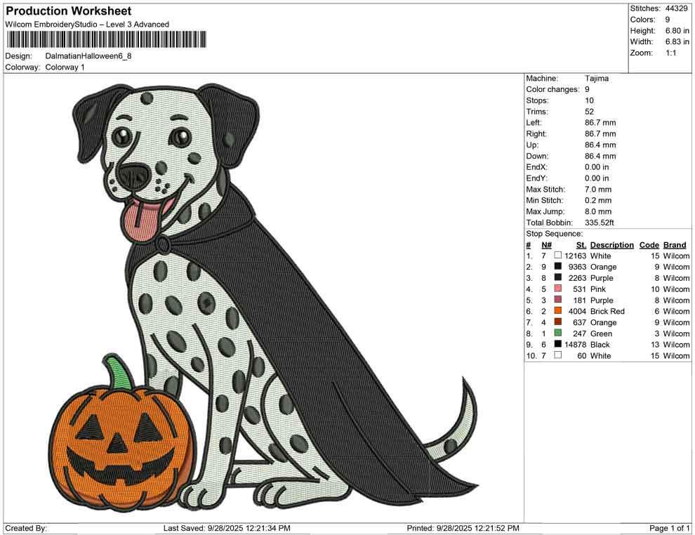 Halloween Dalmatian Dog Embroidery Design (Digital Download)