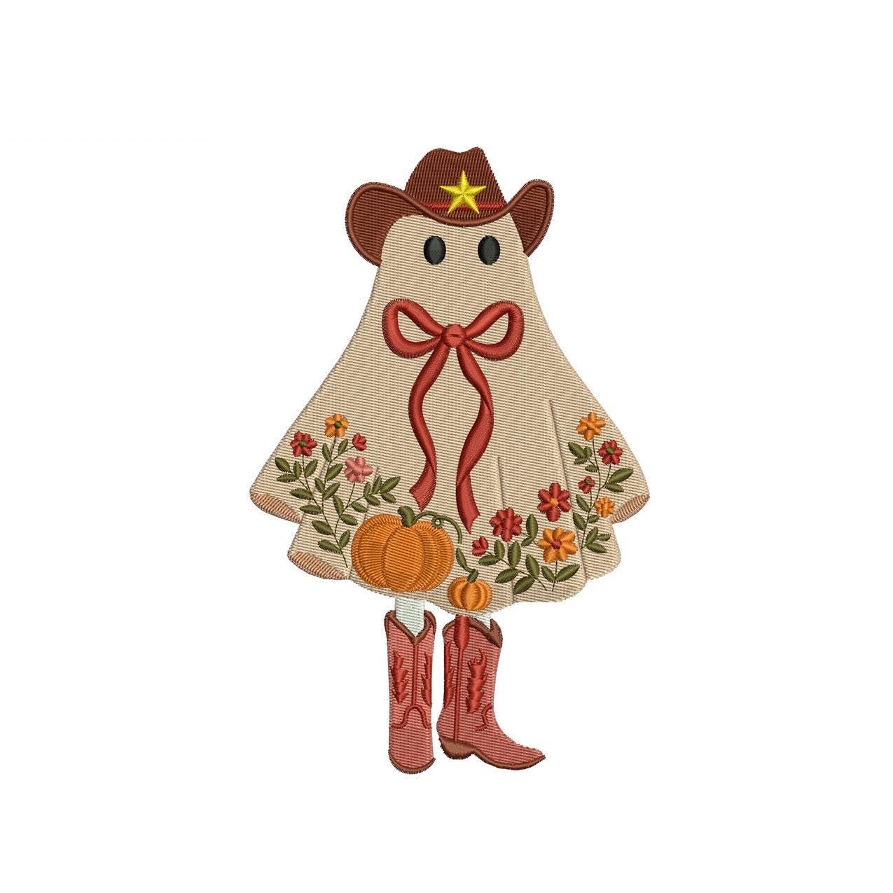 Cowgirl Ghost Embroidery Design: Halloween Pumpkin (Digital Download)
