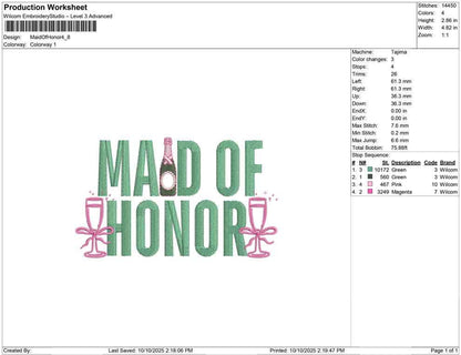 Maid of Honor Embroidery Design Wedding Machine Embroidery File