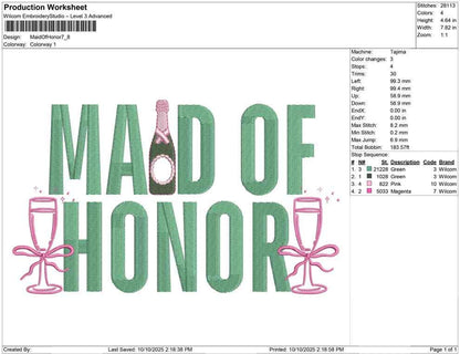 Maid of Honor Embroidery Design Wedding Machine Embroidery File