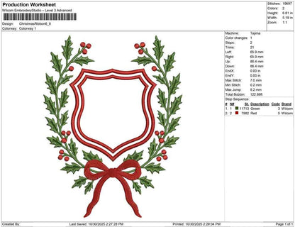 Christmas Embroidery Designs: Wreath Christmas Embroidery Frame Ribbon & Poinsettia Crest (Digital Download) (DST PES EXP File and more)