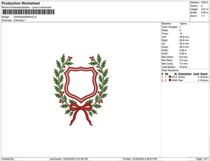 Christmas Embroidery Designs: Wreath Christmas Embroidery Frame Ribbon & Poinsettia Crest (Digital Download) (DST PES EXP File and more)