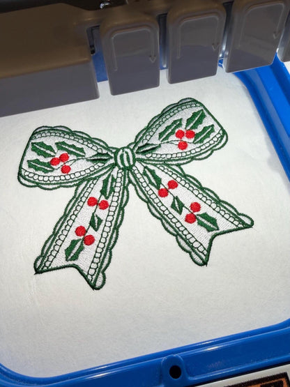 Christmas Embroidery Designs: Holly Bow Festive Machine Embroidery File Traditional Christmas Bow Embroidery File Christmas Mistletoe Design