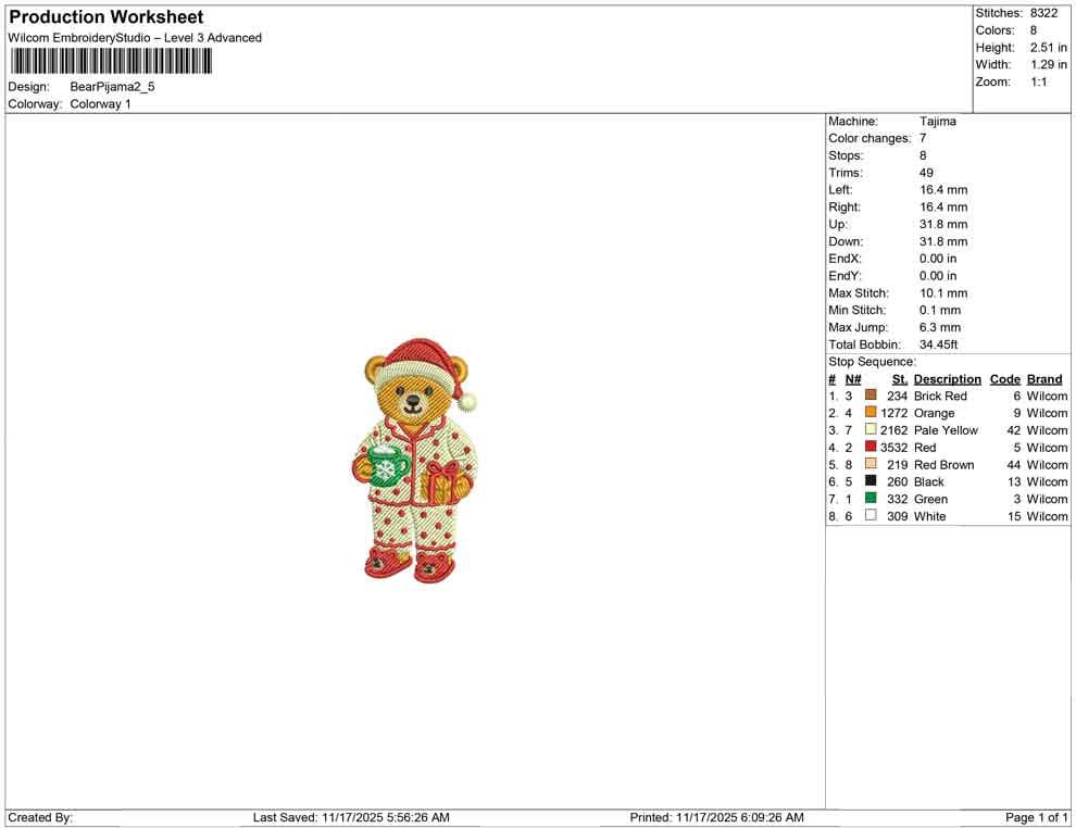 Teddy Bear Embroidery Designs: Cute Bear with Pajamas Embroidery Machine File for Christmas Embroidery Design (Digital Download)