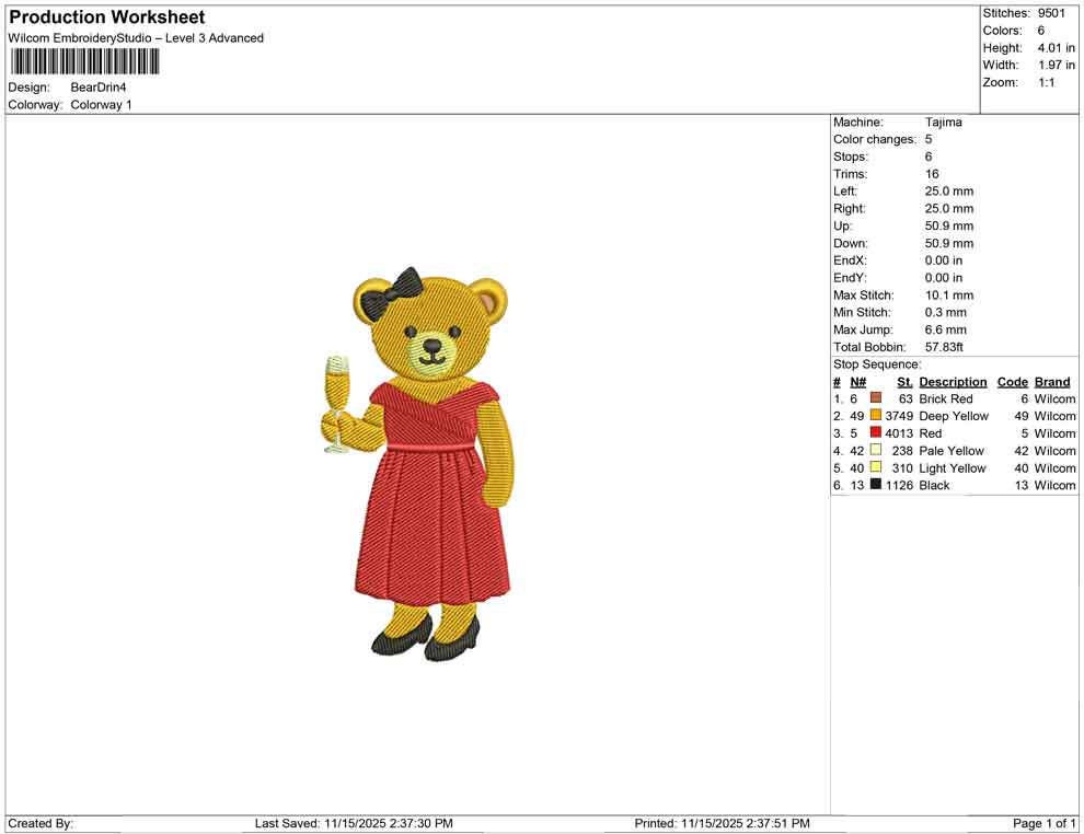 Teddy Bear Embroidery Design: Cute Girl Bear in Dress with Champagne - Winter Holiday Machine File PES DST and more