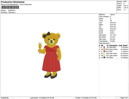 Teddy Bear Embroidery Design: Cute Girl Bear in Dress with Champagne - Winter Holiday Machine File PES DST and more