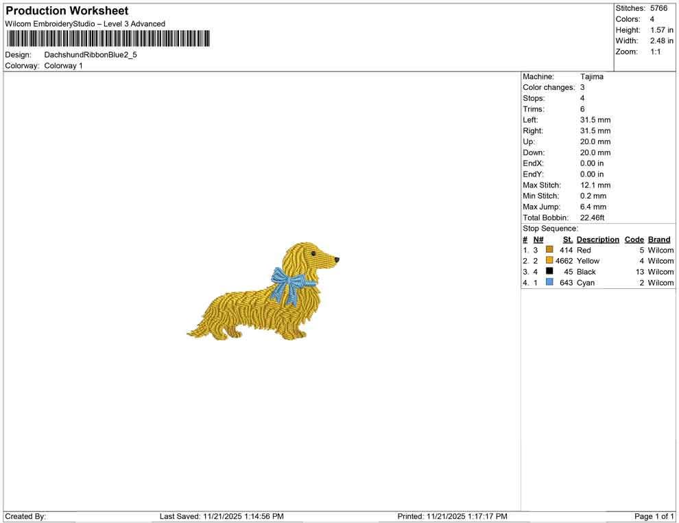 Long Hair Dachshund Dog Embroidery Design: Sitting Longhaired Dachshund Puppy with Blue Bow (Digital Download)