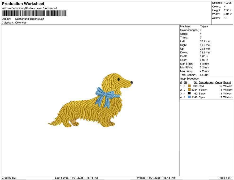 Long-Haired Dachshund Dog Embroidery Design: Longhaired Dachshund Puppy with Blue Bow (Digital Download)