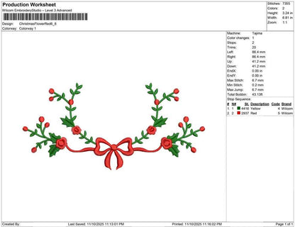 Christmas Mistletoe Embroidery Designs: Ribbon, Floral Embroidery Frame (Digital Download) (DST PES EXP File and more)
