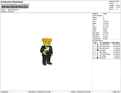 Party Teddy Bear Embroidery Designs: Cute Bear in Tuxedo Suit with Martini Drink Embroidery Machine File for Fall Embroidery Design