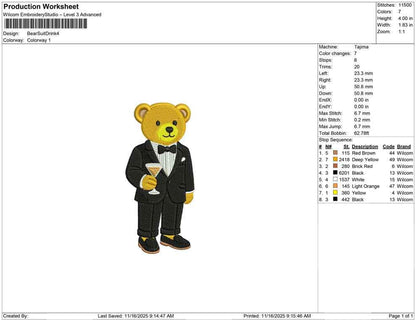 New Years Teddy Bear Embroidery Designs: Cute Bear in Tuxedo Suit with Martini Drink Embroidery Machine File for Fall Embroidery Design