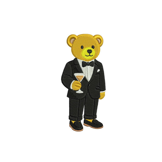New Years Teddy Bear Embroidery Designs: Cute Bear in Tuxedo Suit with Martini Drink Embroidery Machine File for Fall Embroidery Design
