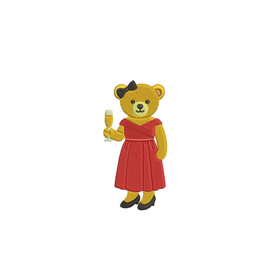 Teddy Bear Embroidery Design: Cute Girl Bear in Dress with Champagne - Winter Holiday Machine File PES DST and more