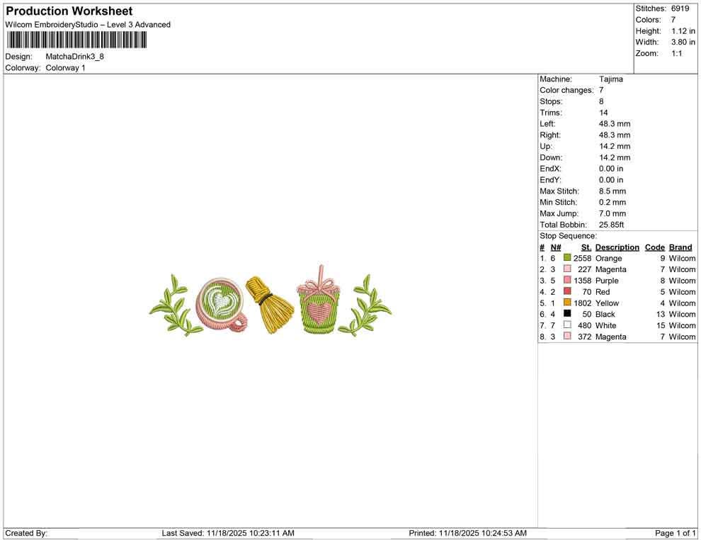Matcha Embroidery Design: Matcha Drink Machine Embroidery File (PES DST JEF and more)