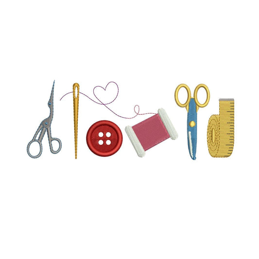 Sewing Tools Embroidery Design: Sewing Icons Scissors, Needle, Button, Thread and Measuring Tape For Embroidery Stitching (Digital Download)