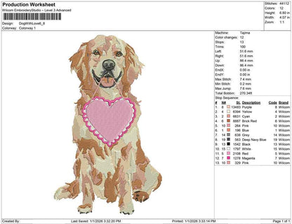 Valentine's Day Embroidery Designs: Golden Retriever with Heart Embroidery Design (Digital Download)