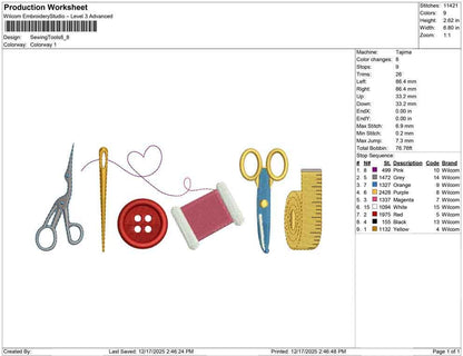 Sewing Tools Embroidery Design: Sewing Icons Scissors, Needle, Button, Thread and Measuring Tape For Embroidery Stitching (Digital Download)