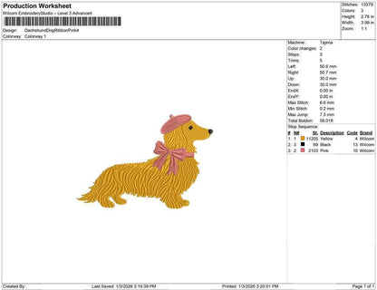 Parisian Valentine Dog Long-Haired Dachshund Embroidery Designs Puppy with Bow and Beret (Digital Download)