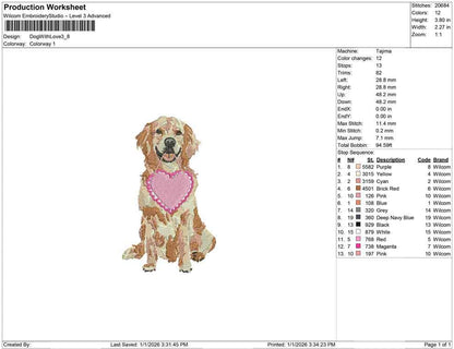 Valentine's Day Embroidery Designs: Golden Retriever with Heart Embroidery Design (Digital Download)