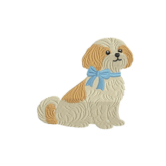 Shih Tzu Embroidery Designs: Dog Embroidery File Cute Puppy with Blue Bow Embroidery Machine File (Digital Download)