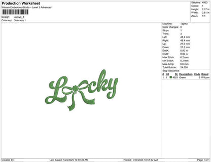 St Patricks Day Embroidery Designs: Lucky Script Machine Embroidery File With Bow