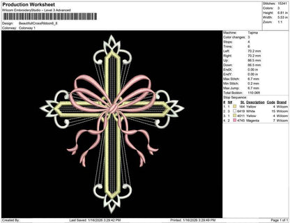 Easter Embroidery Designs: Coquette Cross Embroidery Machine File of Elegant Cross Embroidery Design with Ribbon Bow (DST, PES, EXP, more)