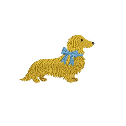 Long Hair Dachshund Dog Embroidery Design: Sitting Longhaired Dachshund Puppy with Blue Bow (Digital Download)