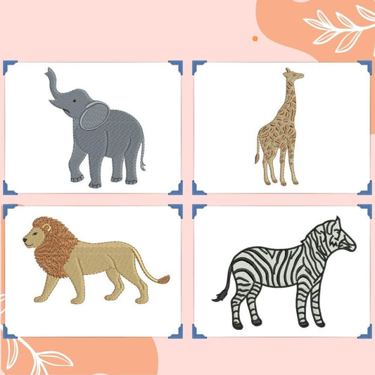 Bundle | 4 Zoo Animals Embroidery Designs: Zebra, Lion, Giraffe, Elephant Embroidery File African Wildlife Embroidery Machine Files