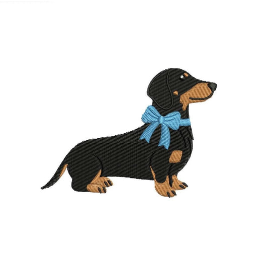 Black Brown Dachshund Dog Embroidery Design: Standing Dachshund Two-tone Puppy with Blue Bow (Digital Download)
