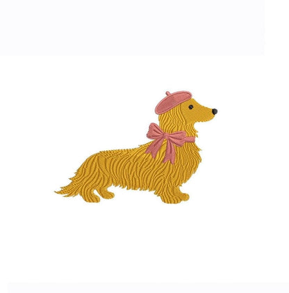 Parisian Valentine Dog Long-Haired Dachshund Embroidery Designs Puppy with Bow and Beret (Digital Download)