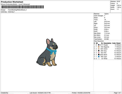 French Bulldog Embroidery Designs: Dog Embroidery File Cute Puppy with Blue Bow Embroidery Machine File (Digital Download)