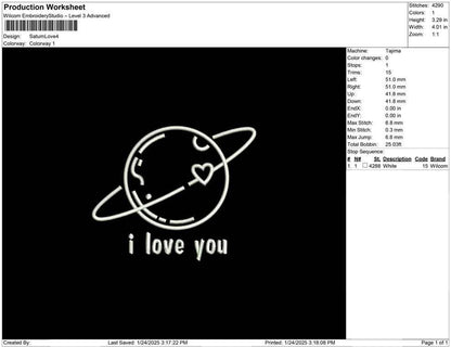 Saturn Love Embroidery Design: Celestial Valentine's Day File (Digital Download)