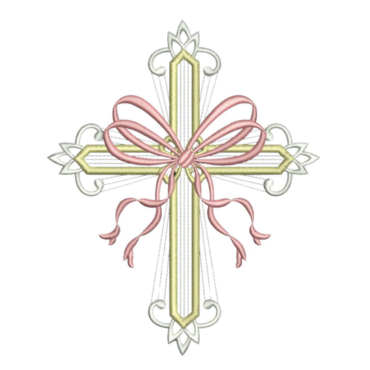 Easter Embroidery Designs: Coquette Cross Embroidery Machine File of Elegant Cross Embroidery Design with Ribbon Bow (DST, PES, EXP, more)